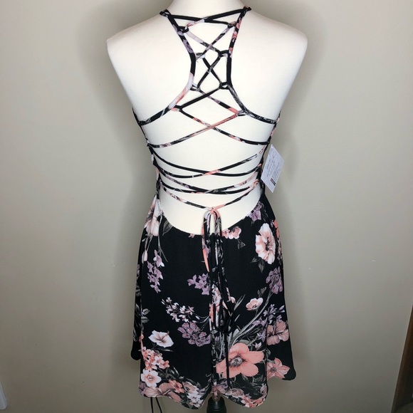 NWT- Black & Pink floral Caged strap dress - Picture 2 of 8